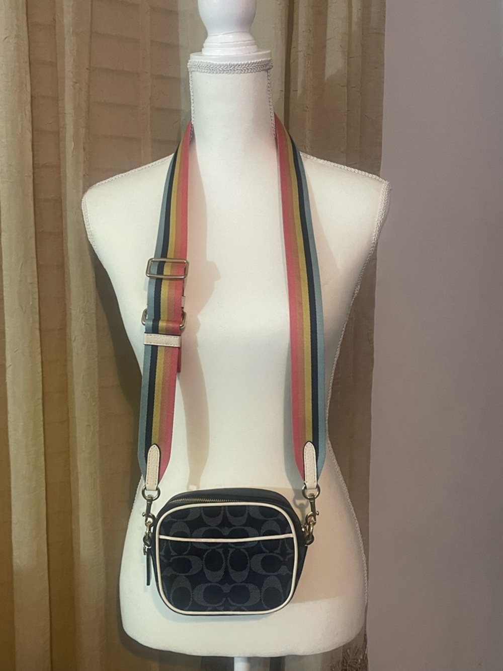 Coach Navy Signature Camera Crossbody with Rainbow Stripe Strap